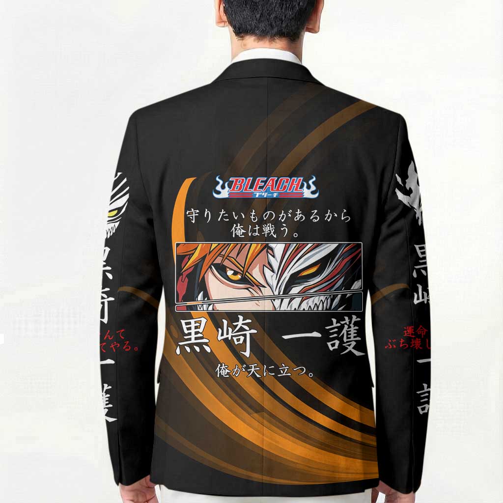 Ichigo Bleach Anime Black and Orange Theme Blazer with Hollow Mask and Japanese Calligraphy Design - The Mazicc