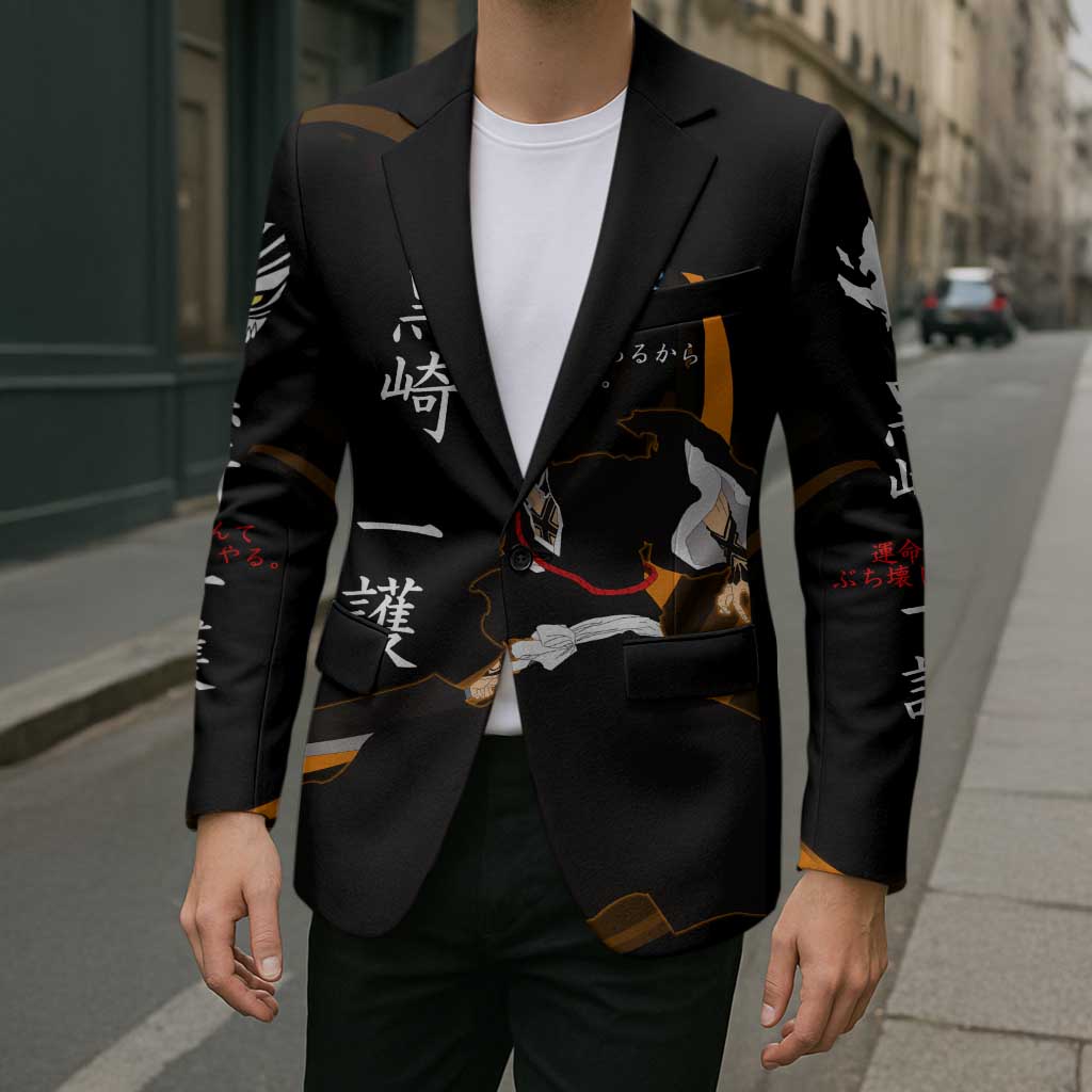 Ichigo Bleach Anime Black and Orange Theme Blazer with Hollow Mask and Japanese Calligraphy Design - The Mazicc