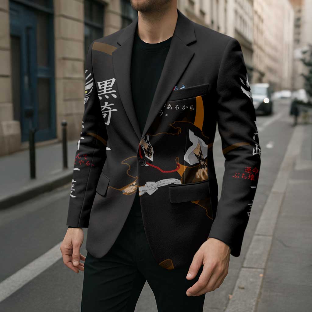 Ichigo Bleach Anime Black and Orange Theme Blazer with Hollow Mask and Japanese Calligraphy Design - The Mazicc