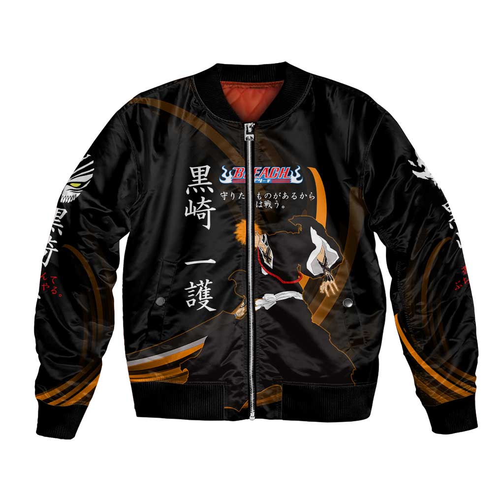 Ichigo Bleach Anime Black and Orange Theme Bomber Jacket with Hollow Mask and Japanese Calligraphy Design - The Mazicc