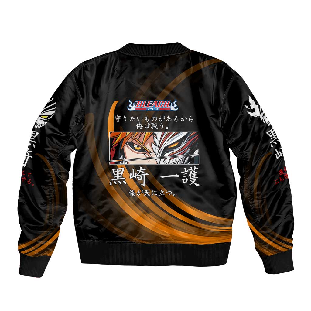Ichigo Bleach Anime Black and Orange Theme Bomber Jacket with Hollow Mask and Japanese Calligraphy Design - The Mazicc