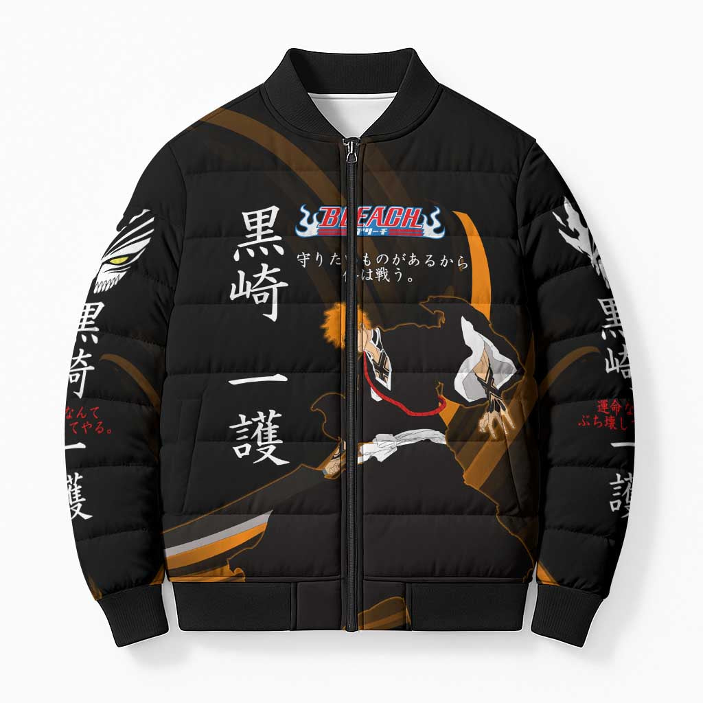 Ichigo Bleach Anime Black and Orange Theme Bomber Puffer Jacket with Hollow Mask and Japanese Calligraphy Design - The Mazicc