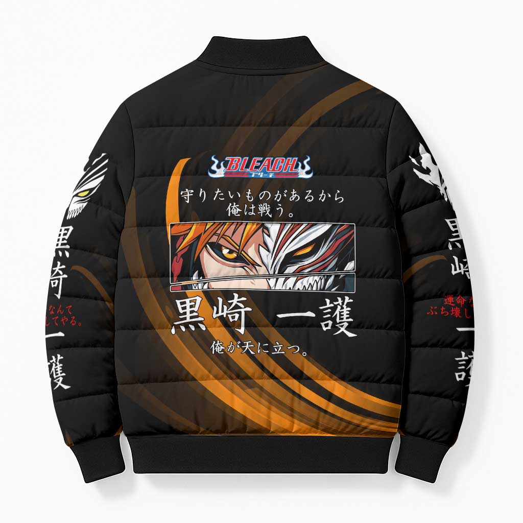 Ichigo Bleach Anime Black and Orange Theme Bomber Puffer Jacket with Hollow Mask and Japanese Calligraphy Design - The Mazicc