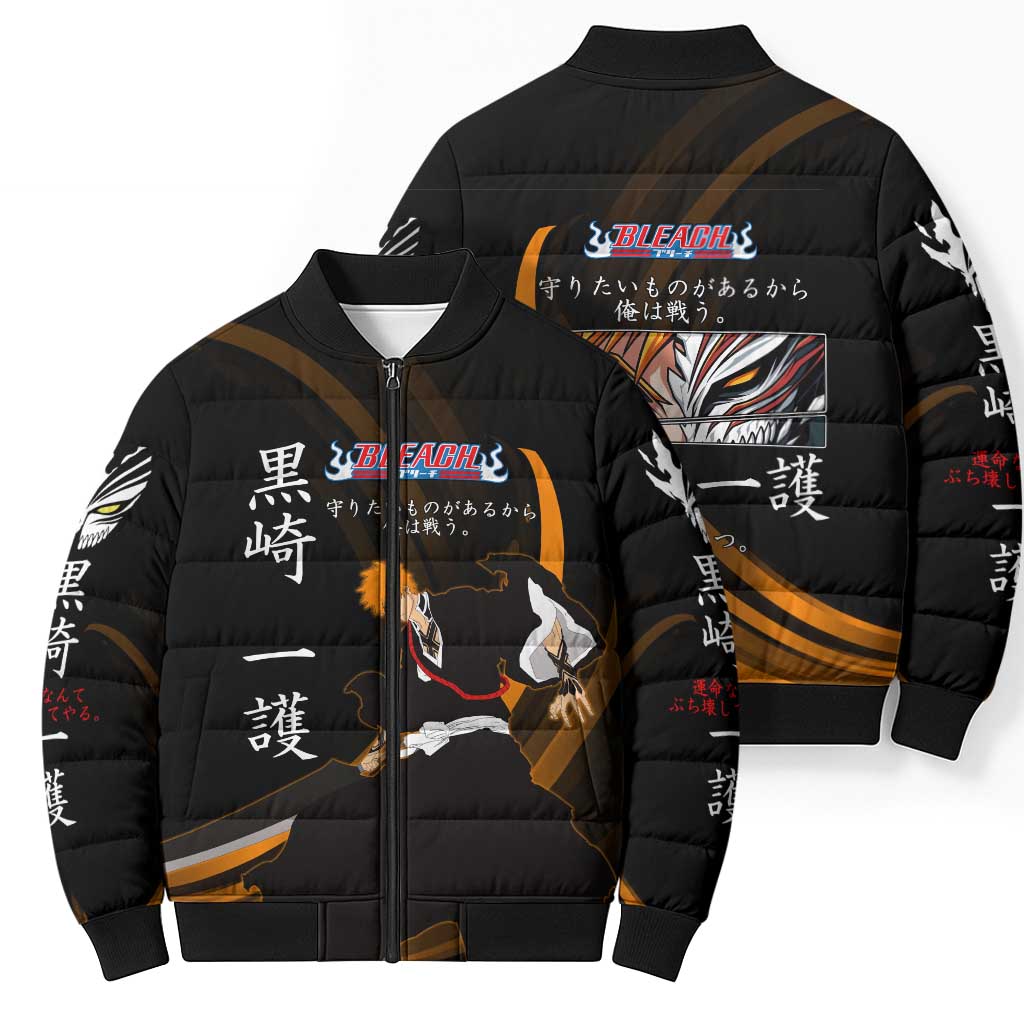 Ichigo Bleach Anime Black and Orange Theme Bomber Puffer Jacket with Hollow Mask and Japanese Calligraphy Design - The Mazicc