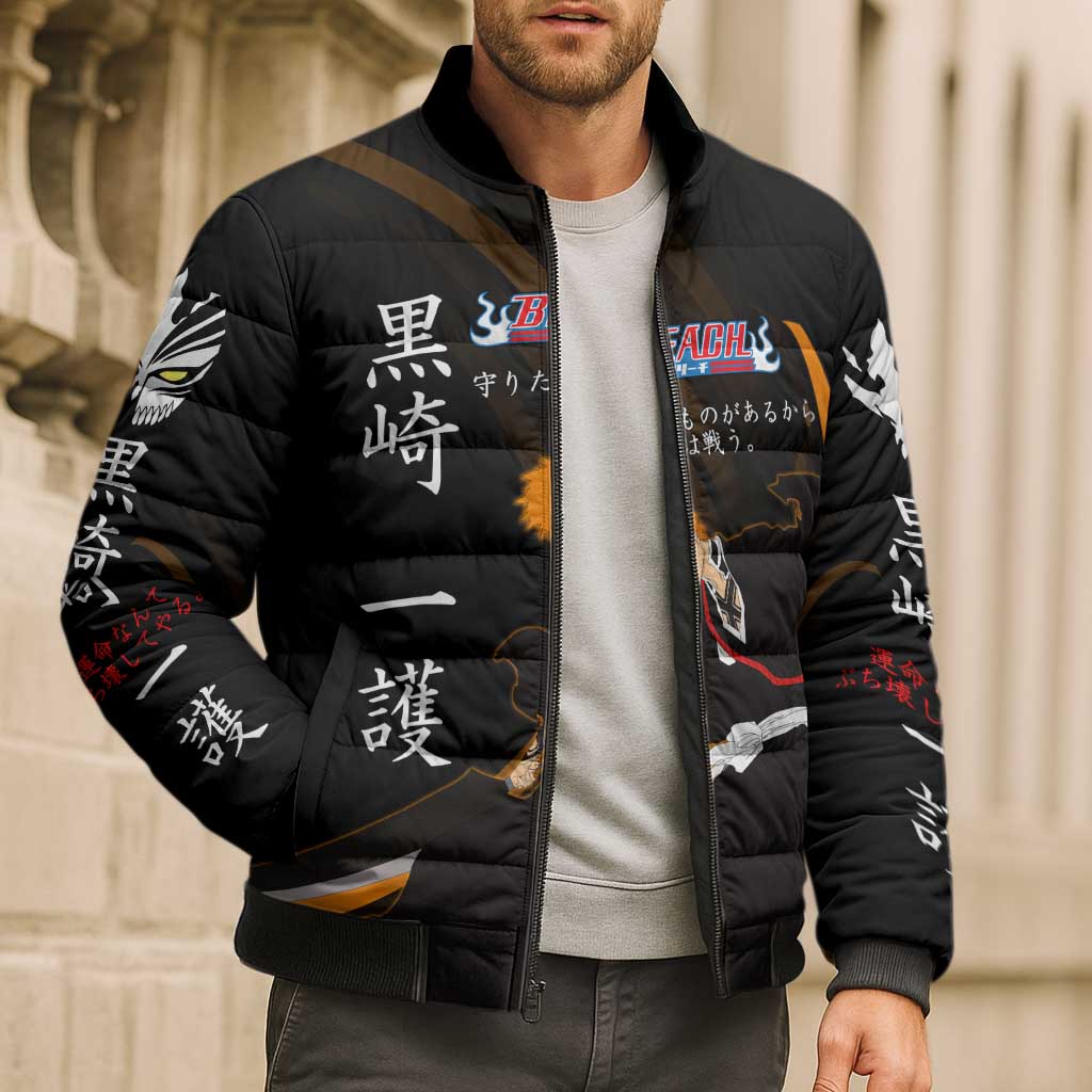 Ichigo Bleach Anime Black and Orange Theme Bomber Puffer Jacket with Hollow Mask and Japanese Calligraphy Design - The Mazicc