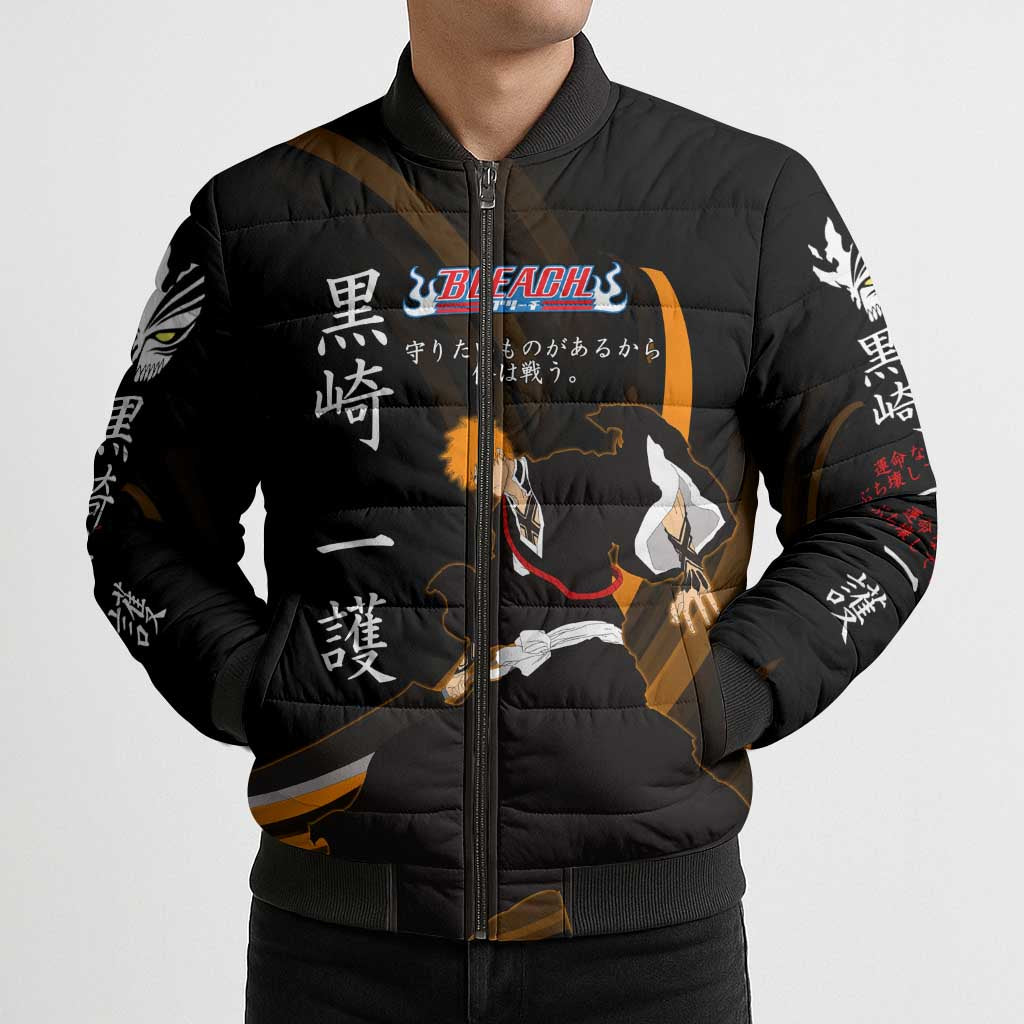 Ichigo Bleach Anime Black and Orange Theme Bomber Puffer Jacket with Hollow Mask and Japanese Calligraphy Design - The Mazicc