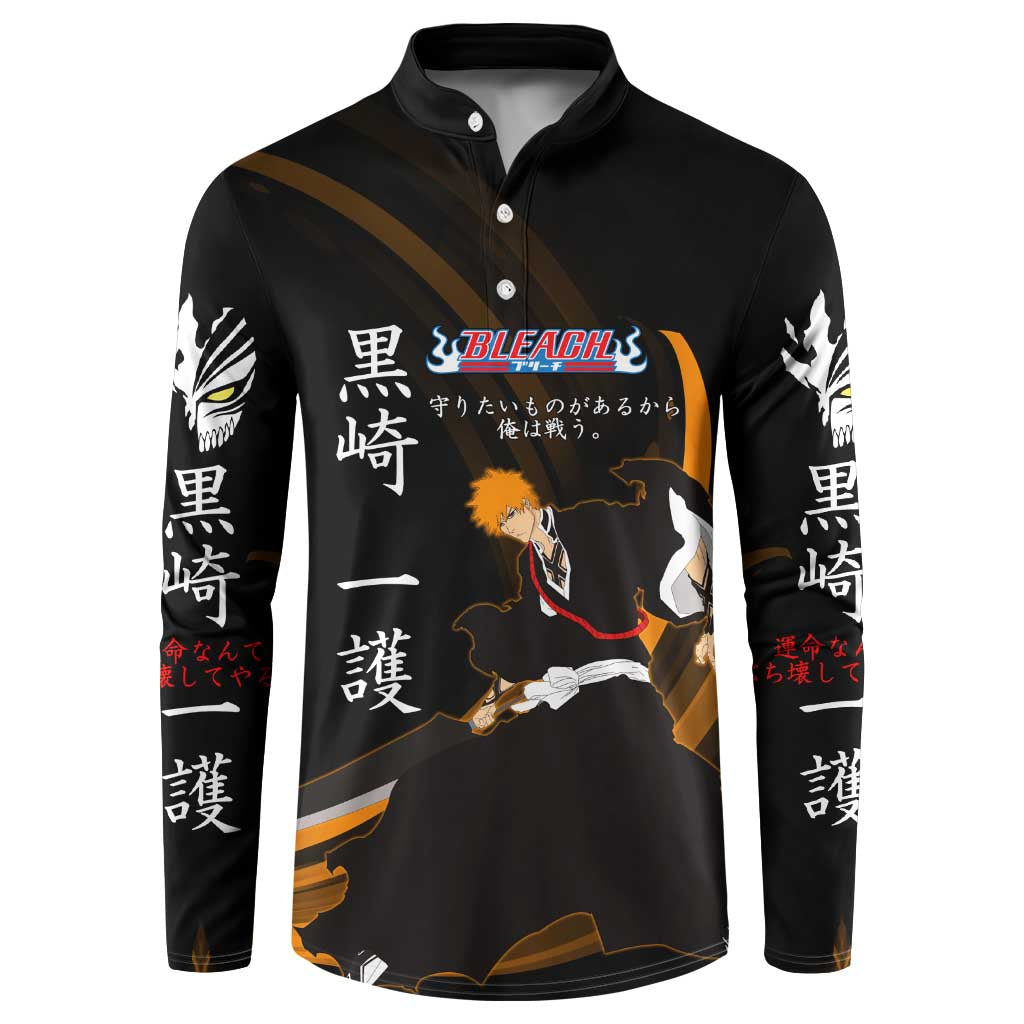 Ichigo Bleach Anime Black and Orange Theme Button Sweatshirt with Hollow Mask and Japanese Calligraphy Design - The Mazicc