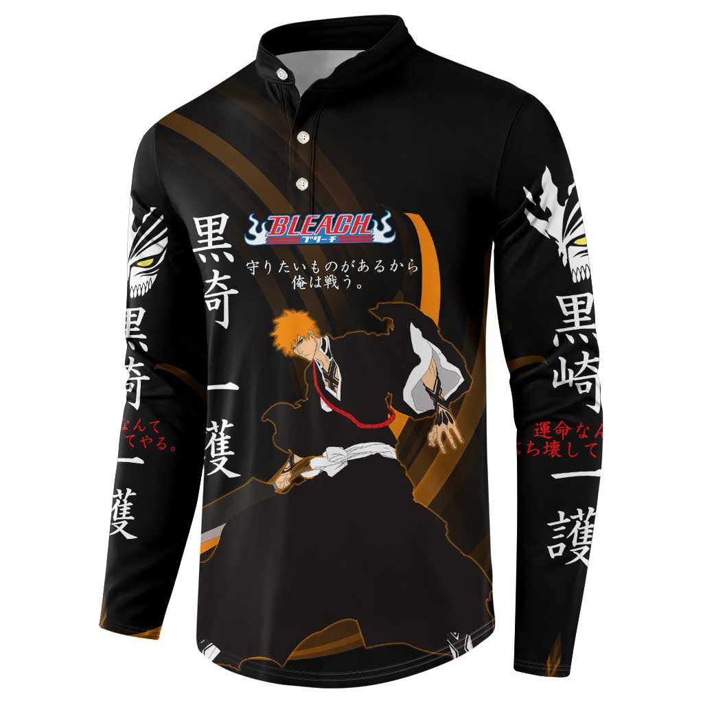 Ichigo Bleach Anime Black and Orange Theme Button Sweatshirt with Hollow Mask and Japanese Calligraphy Design - The Mazicc