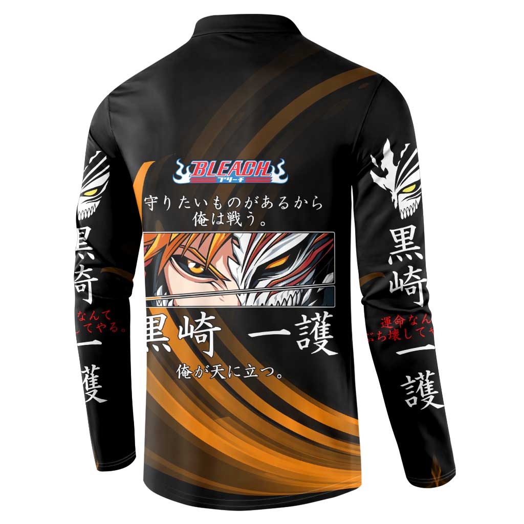 Ichigo Bleach Anime Black and Orange Theme Button Sweatshirt with Hollow Mask and Japanese Calligraphy Design - The Mazicc