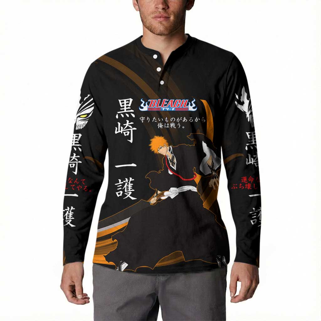 Ichigo Bleach Anime Black and Orange Theme Button Sweatshirt with Hollow Mask and Japanese Calligraphy Design - The Mazicc