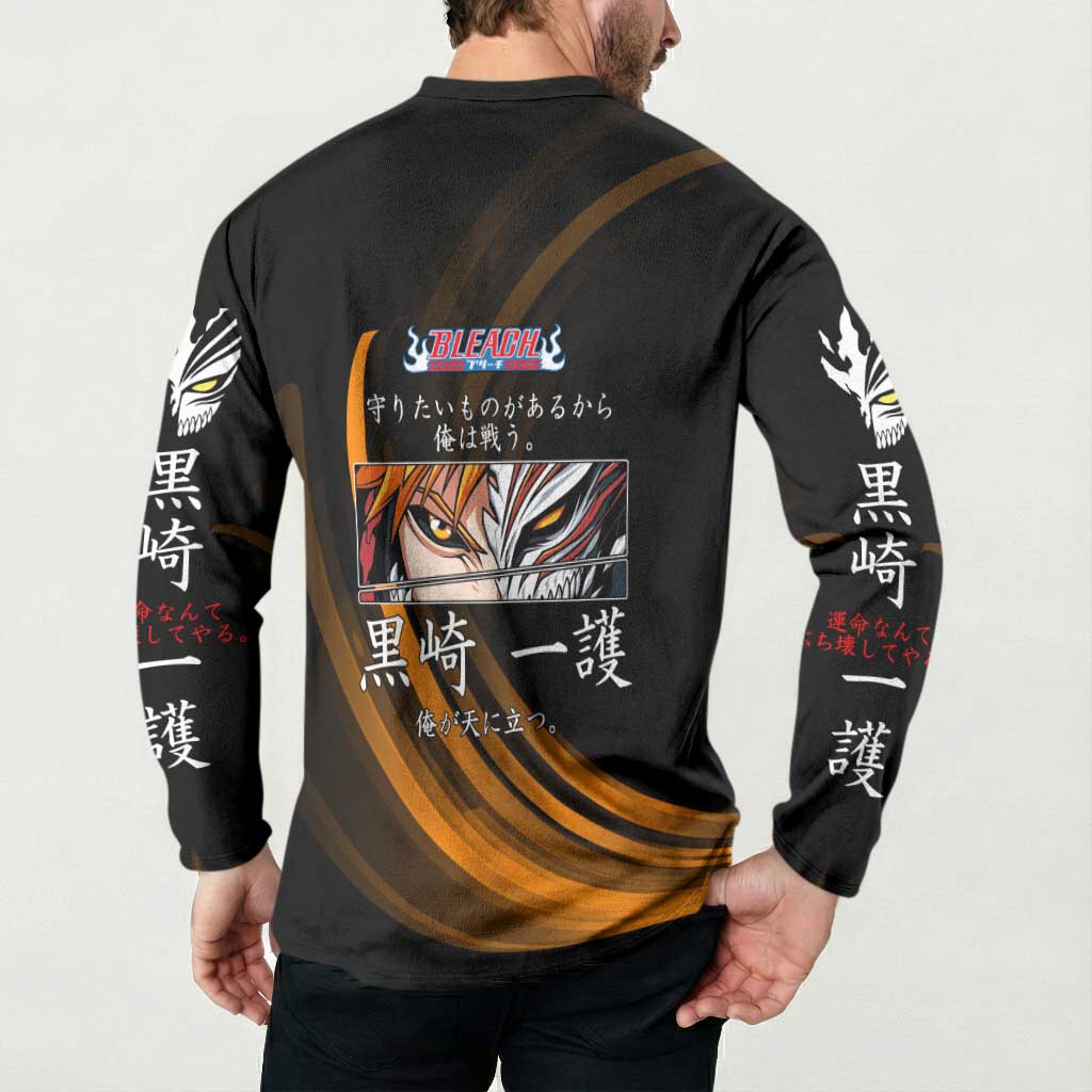 Ichigo Bleach Anime Black and Orange Theme Button Sweatshirt with Hollow Mask and Japanese Calligraphy Design - The Mazicc