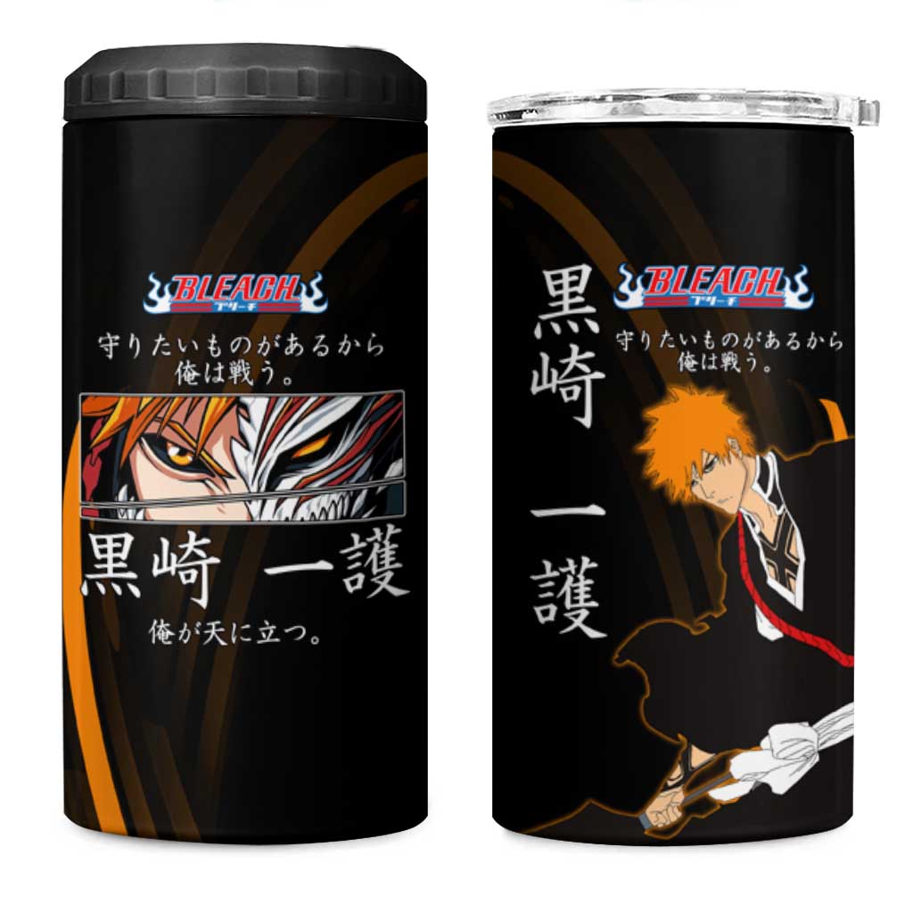 Ichigo Bleach Anime Black and Orange Theme 4 in 1 Can Cooler Tumbler with Hollow Mask and Japanese Calligraphy Design - The Mazicc