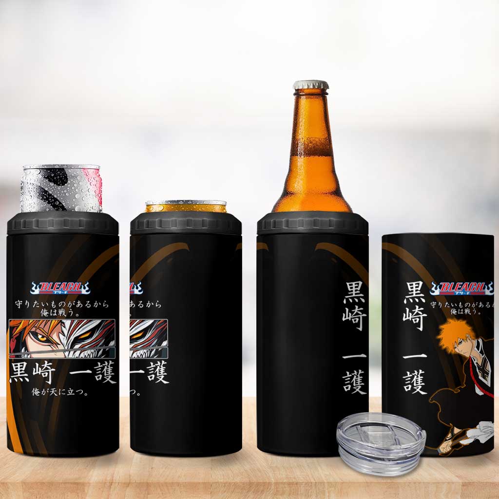 Ichigo Bleach Anime Black and Orange Theme 4 in 1 Can Cooler Tumbler with Hollow Mask and Japanese Calligraphy Design - The Mazicc