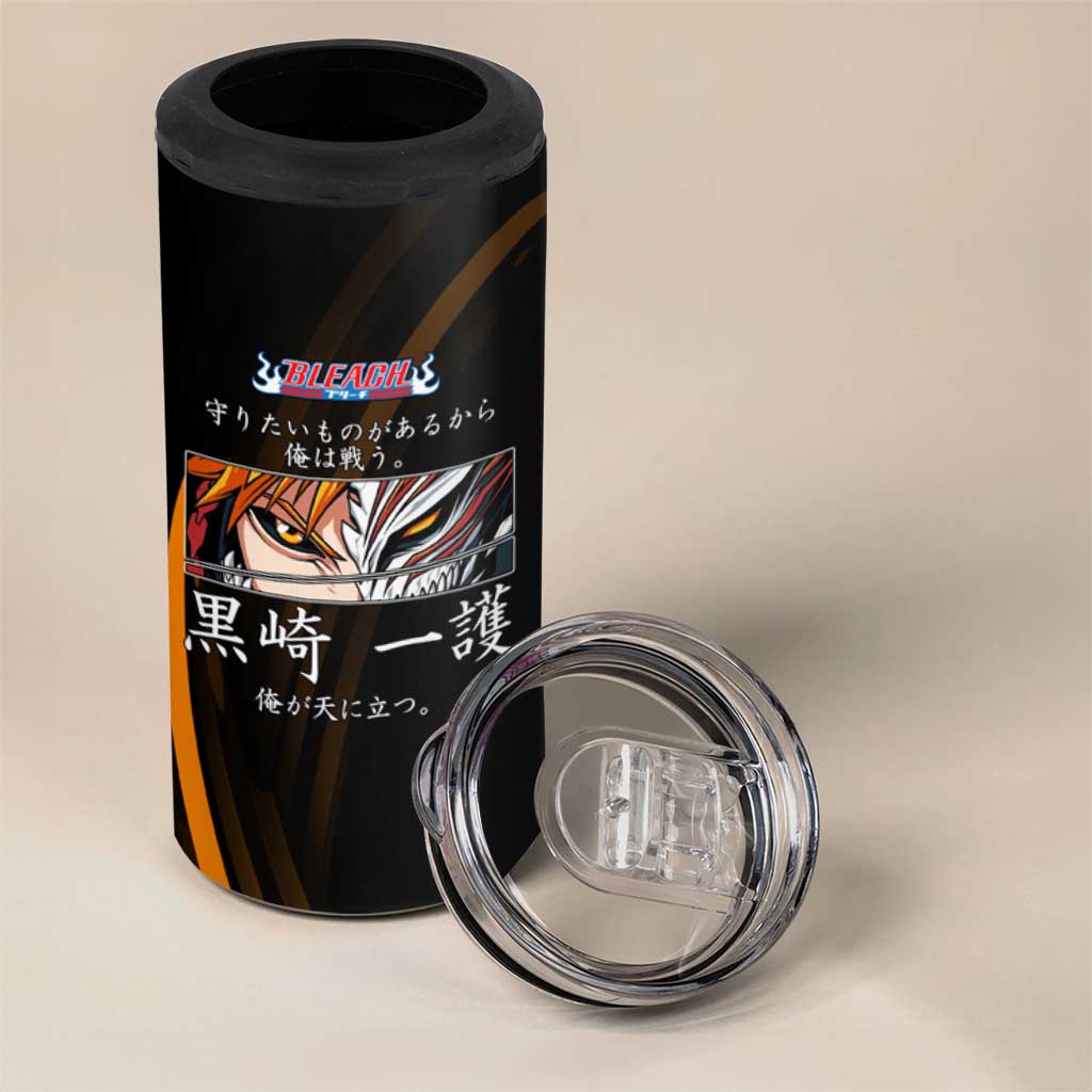 Ichigo Bleach Anime Black and Orange Theme 4 in 1 Can Cooler Tumbler with Hollow Mask and Japanese Calligraphy Design - The Mazicc