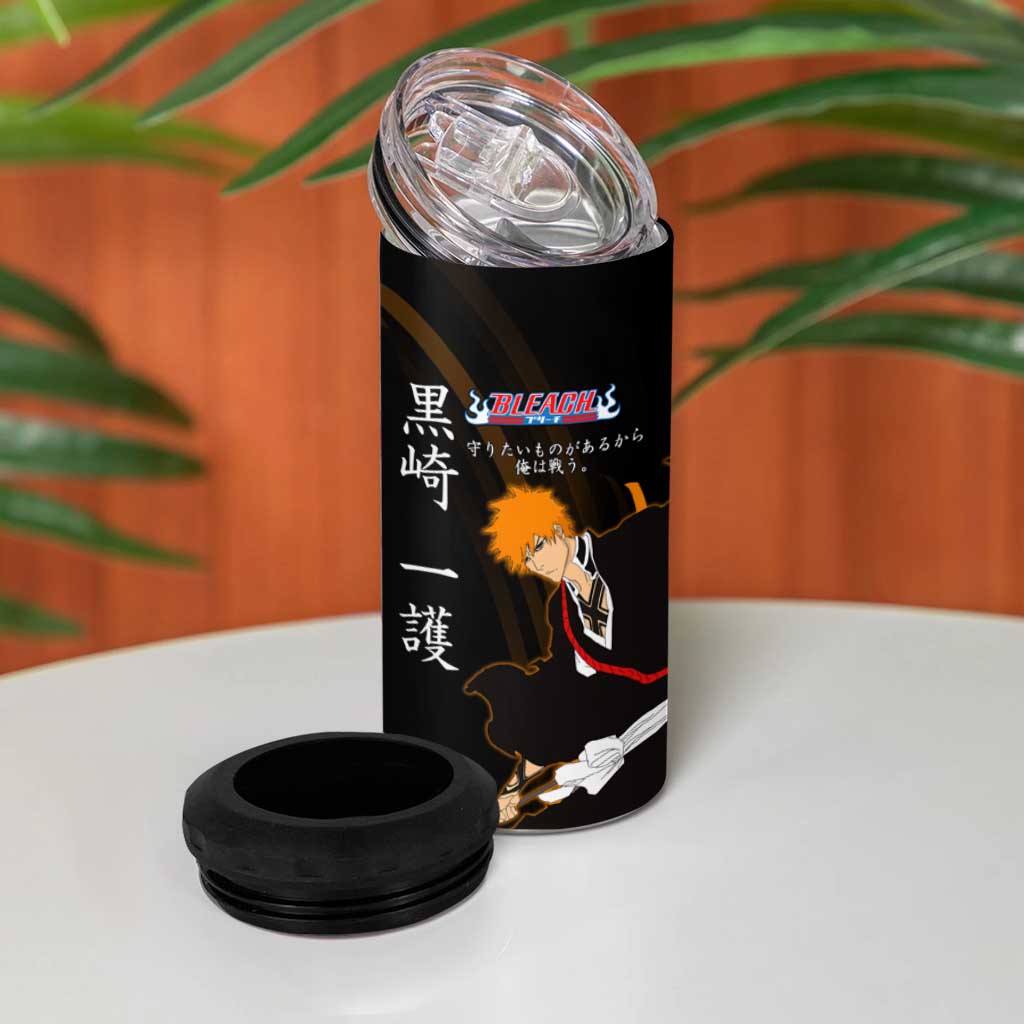 Ichigo Bleach Anime Black and Orange Theme 4 in 1 Can Cooler Tumbler with Hollow Mask and Japanese Calligraphy Design - The Mazicc