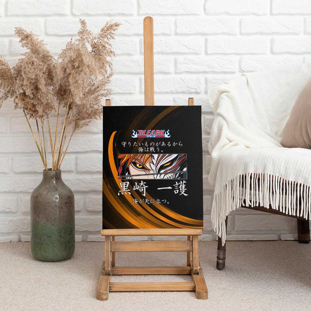 Ichigo Bleach Anime Black and Orange Theme Canvas Wall Art with Hollow Mask and Japanese Calligraphy Design - The Mazicc