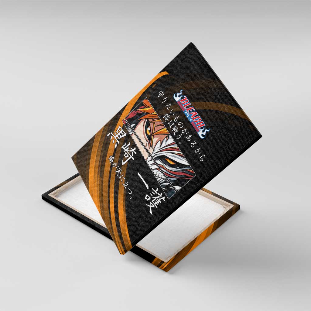 Ichigo Bleach Anime Black and Orange Theme Canvas Wall Art with Hollow Mask and Japanese Calligraphy Design - The Mazicc