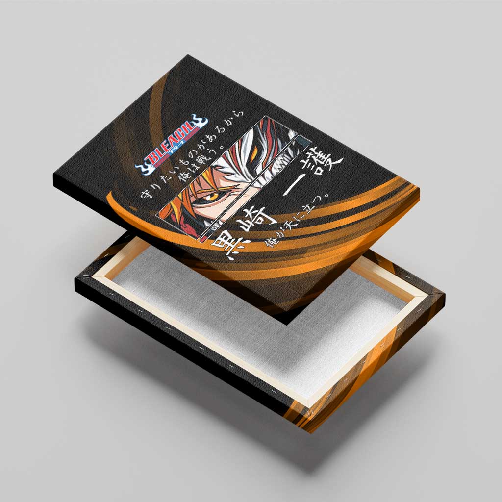 Ichigo Bleach Anime Black and Orange Theme Canvas Wall Art with Hollow Mask and Japanese Calligraphy Design - The Mazicc