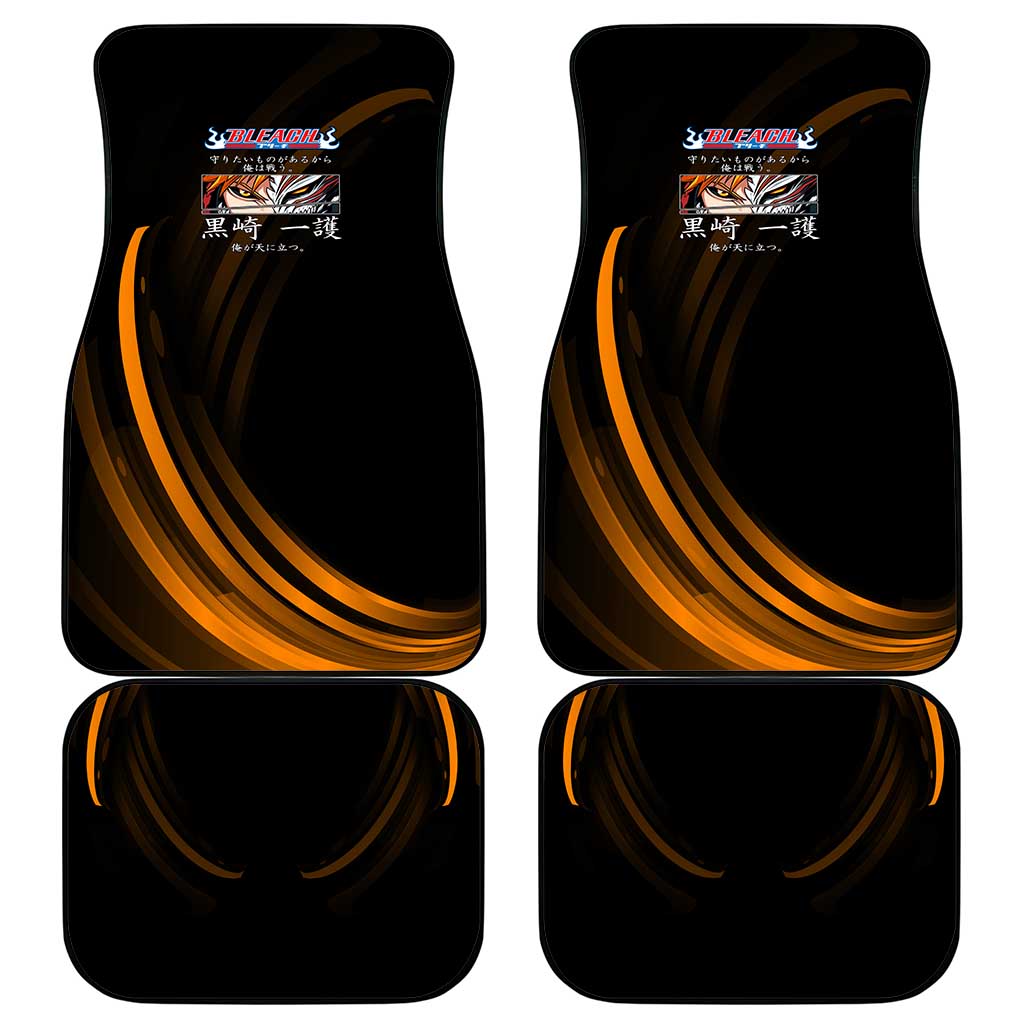 Ichigo Bleach Anime Black and Orange Theme Car Mats with Hollow Mask and Japanese Calligraphy Design - The Mazicc
