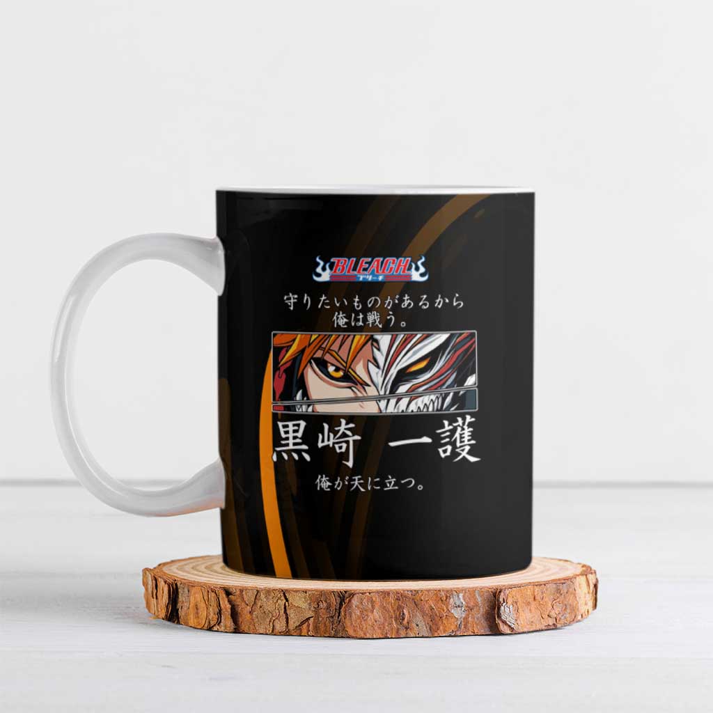 Ichigo Bleach Anime Black and Orange Theme Ceramic Mug with Hollow Mask and Japanese Calligraphy Design - The Mazicc