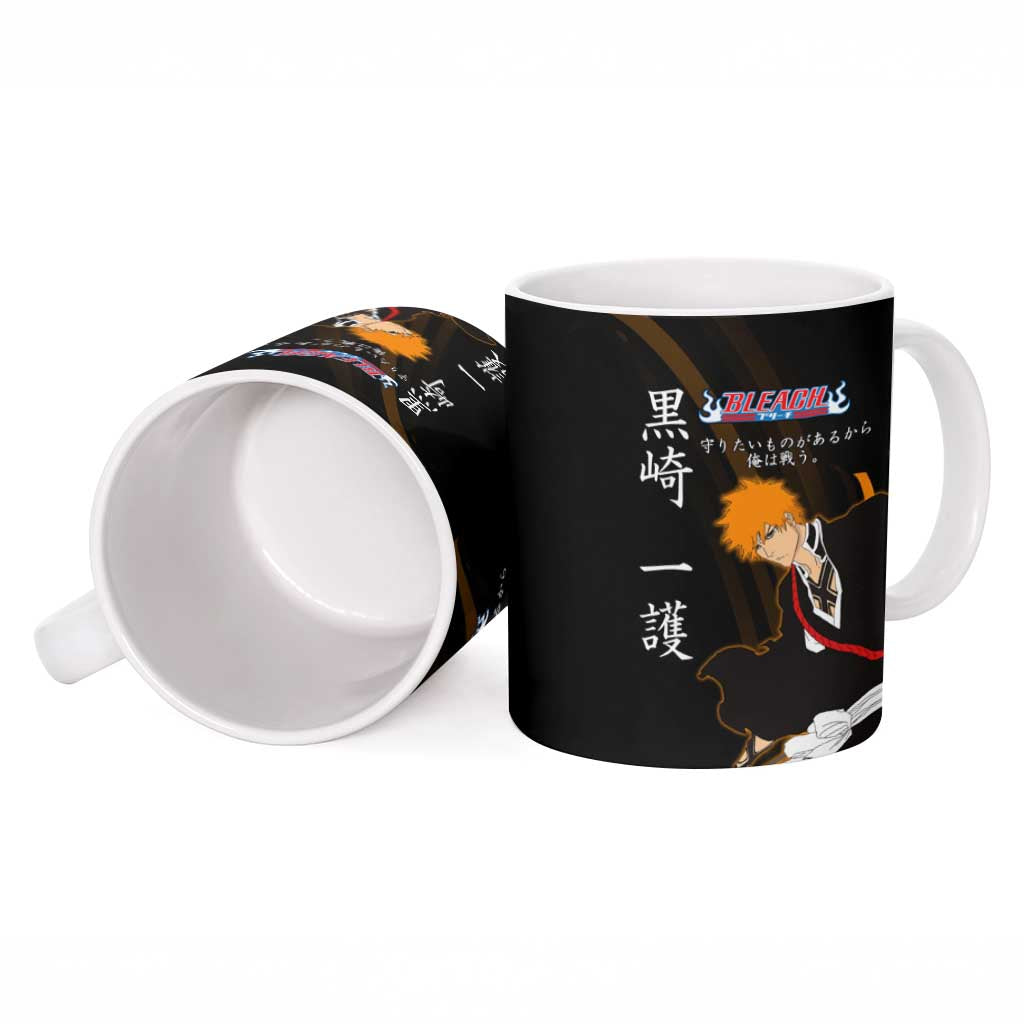 Ichigo Bleach Anime Black and Orange Theme Ceramic Mug with Hollow Mask and Japanese Calligraphy Design - The Mazicc