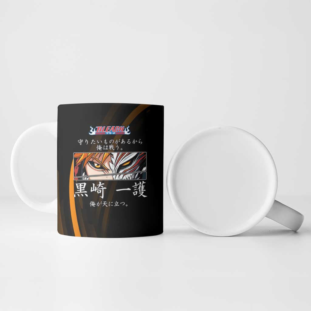 Ichigo Bleach Anime Black and Orange Theme Ceramic Mug with Hollow Mask and Japanese Calligraphy Design - The Mazicc