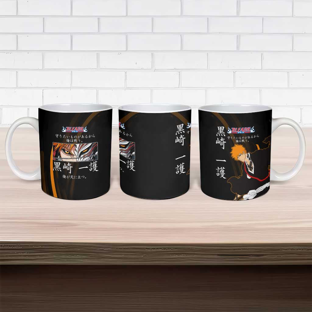 Ichigo Bleach Anime Black and Orange Theme Ceramic Mug with Hollow Mask and Japanese Calligraphy Design - The Mazicc