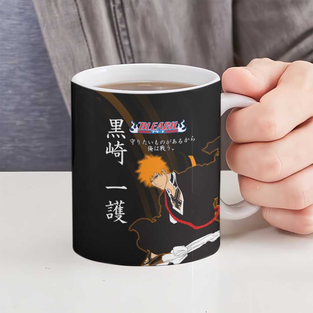 Ichigo Bleach Anime Black and Orange Theme Ceramic Mug with Hollow Mask and Japanese Calligraphy Design - The Mazicc