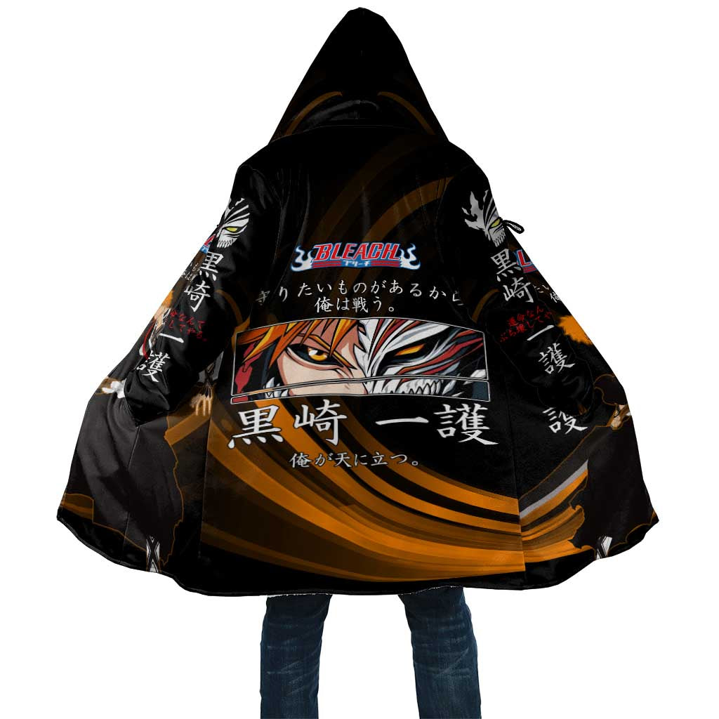 Ichigo Bleach Anime Black and Orange Theme Cloak with Hollow Mask and Japanese Calligraphy Design - The Mazicc
