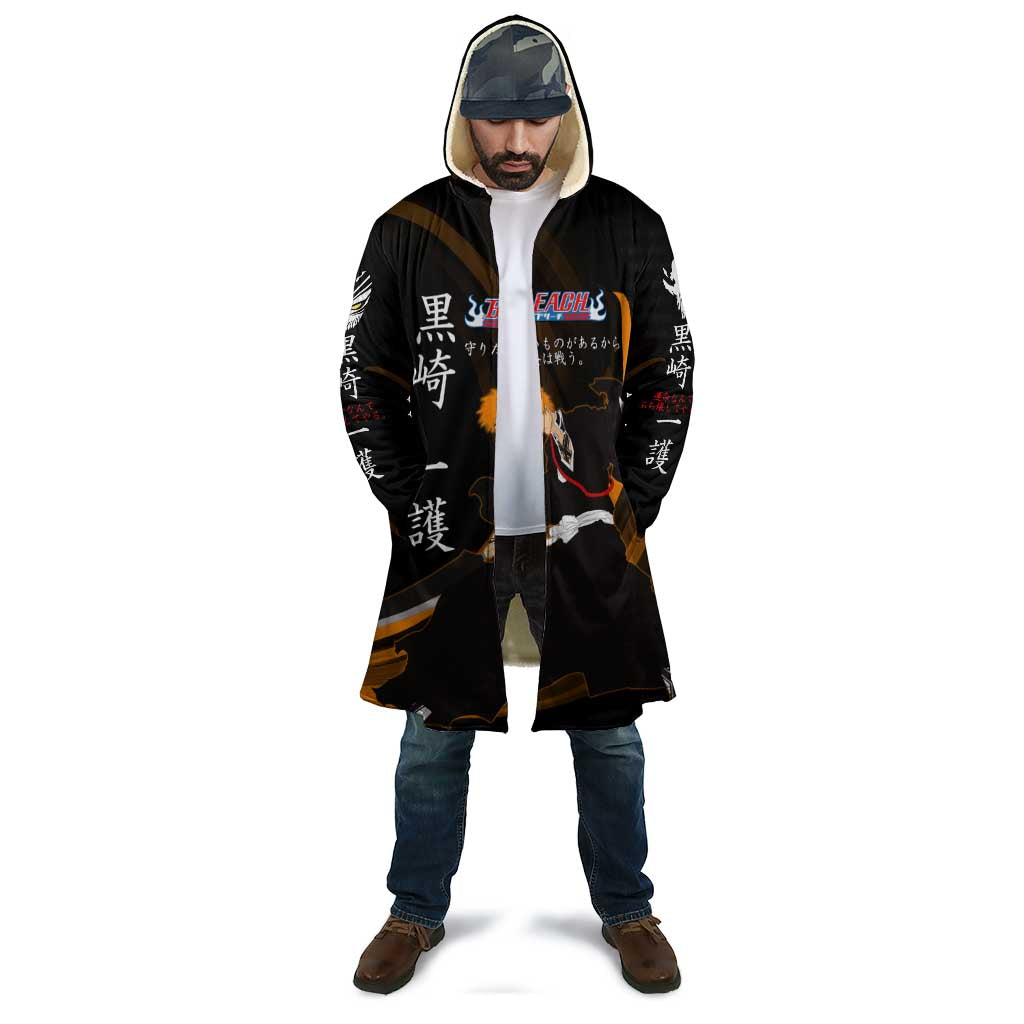 Ichigo Bleach Anime Black and Orange Theme Cloak with Hollow Mask and Japanese Calligraphy Design - The Mazicc