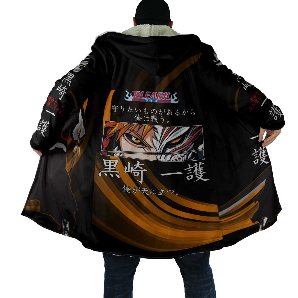Ichigo Bleach Anime Black and Orange Theme Cloak with Hollow Mask and Japanese Calligraphy Design - The Mazicc