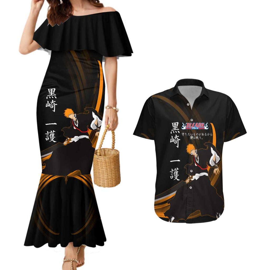 Ichigo Bleach Anime Black and Orange Theme Couples Matching Mermaid Dress and Hawaiian Shirt with Hollow Mask and Japanese Calligraphy Design - The Mazicc