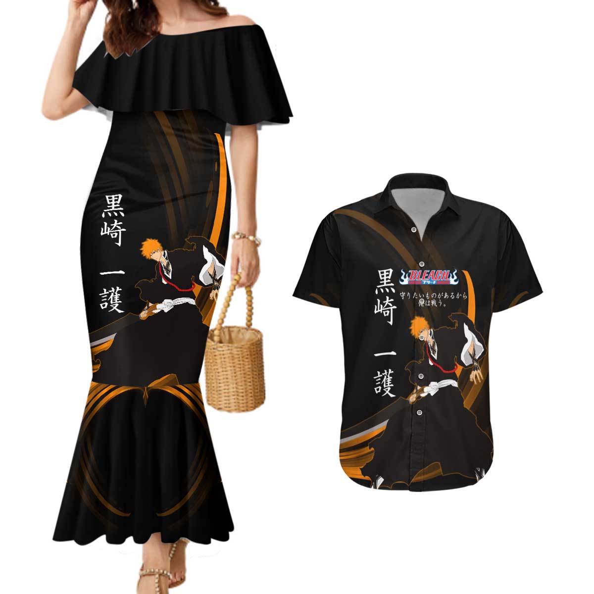 Ichigo Bleach Anime Black and Orange Theme Couples Matching Mermaid Dress and Hawaiian Shirt with Hollow Mask and Japanese Calligraphy Design - The Mazicc