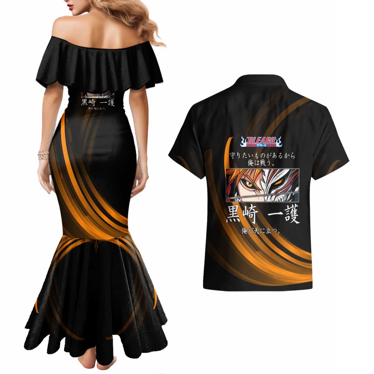 Ichigo Bleach Anime Black and Orange Theme Couples Matching Mermaid Dress and Hawaiian Shirt with Hollow Mask and Japanese Calligraphy Design - The Mazicc