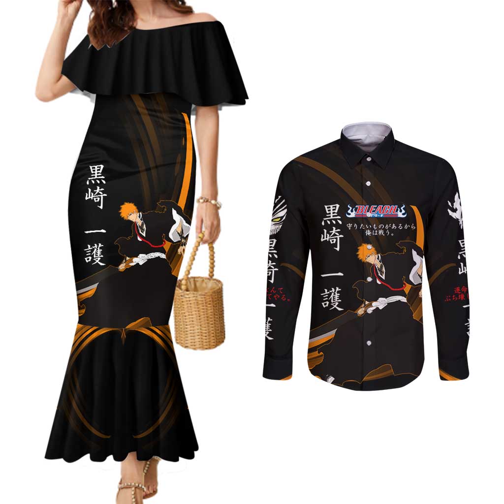 Ichigo Bleach Anime Black and Orange Theme Couples Matching Mermaid Dress and Long Sleeve Button Shirt with Hollow Mask and Japanese Calligraphy Design - The Mazicc