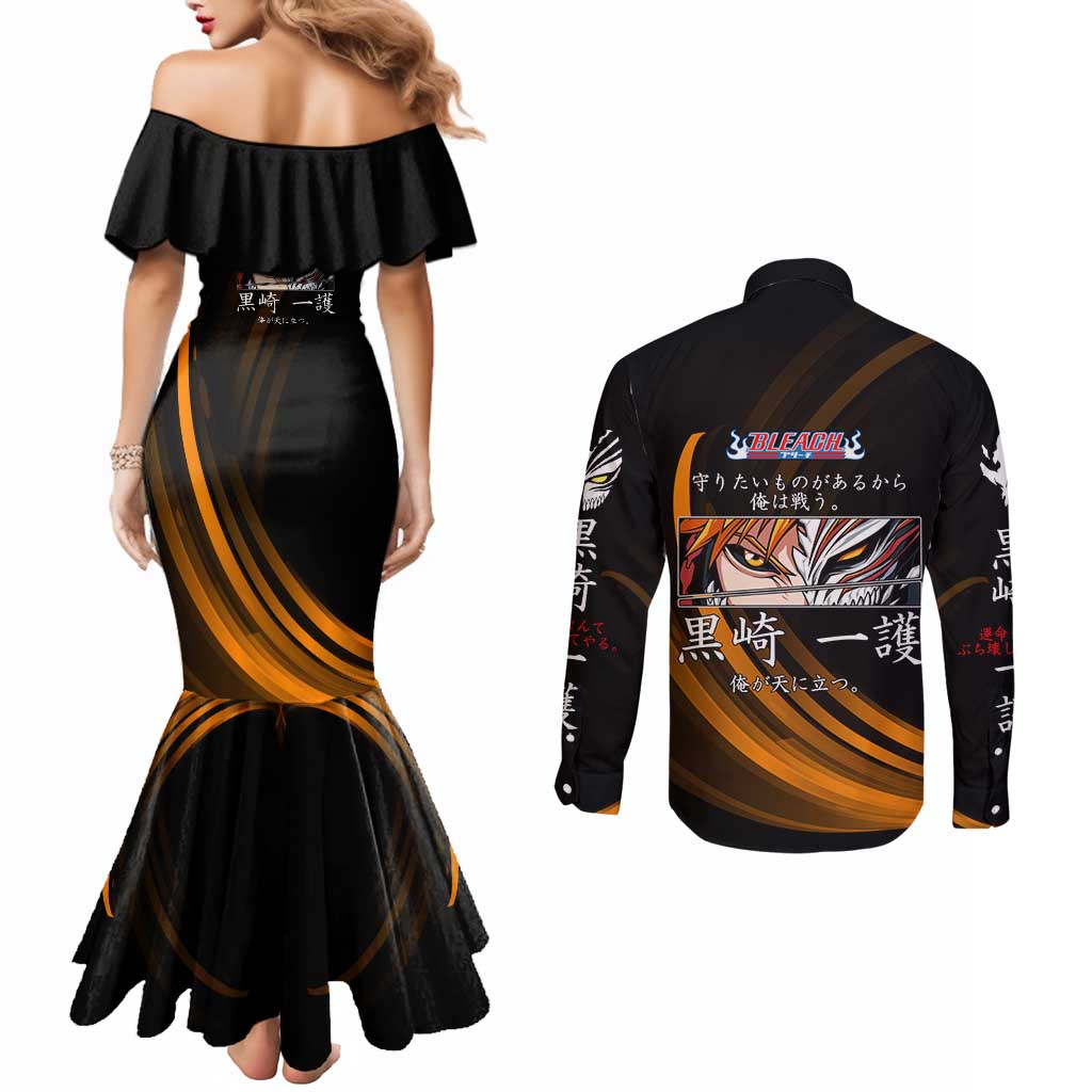 Ichigo Bleach Anime Black and Orange Theme Couples Matching Mermaid Dress and Long Sleeve Button Shirt with Hollow Mask and Japanese Calligraphy Design - The Mazicc