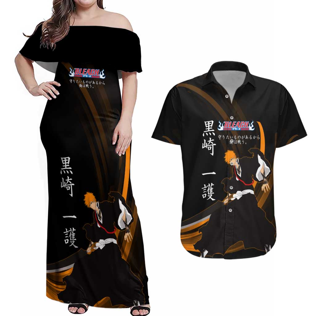 Ichigo Bleach Anime Black and Orange Theme Couples Matching Off Shoulder Maxi Dress and Hawaiian Shirt with Hollow Mask and Japanese Calligraphy Design - The Mazicc