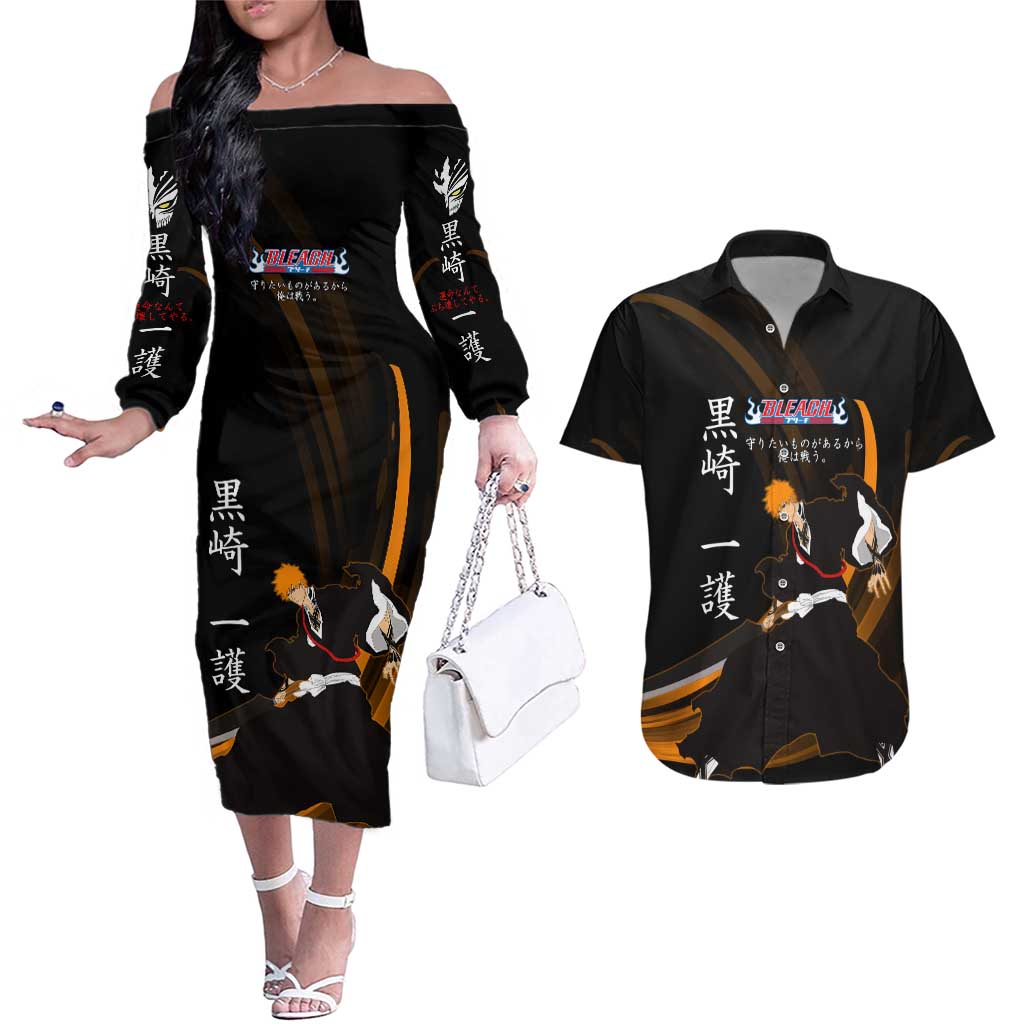 Ichigo Bleach Anime Black and Orange Theme Couples Matching Off The Shoulder Long Sleeve Dress and Hawaiian Shirt with Hollow Mask and Japanese Calligraphy Design - The Mazicc