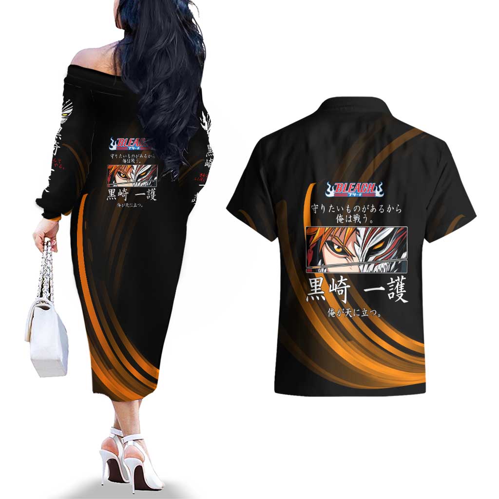 Ichigo Bleach Anime Black and Orange Theme Couples Matching Off The Shoulder Long Sleeve Dress and Hawaiian Shirt with Hollow Mask and Japanese Calligraphy Design - The Mazicc