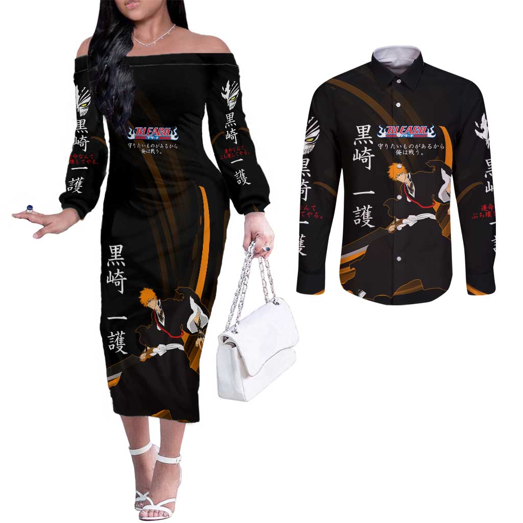 Ichigo Bleach Anime Black and Orange Theme Couples Matching Off The Shoulder Long Sleeve Dress and Long Sleeve Button Shirt with Hollow Mask and Japanese Calligraphy Design - The Mazicc