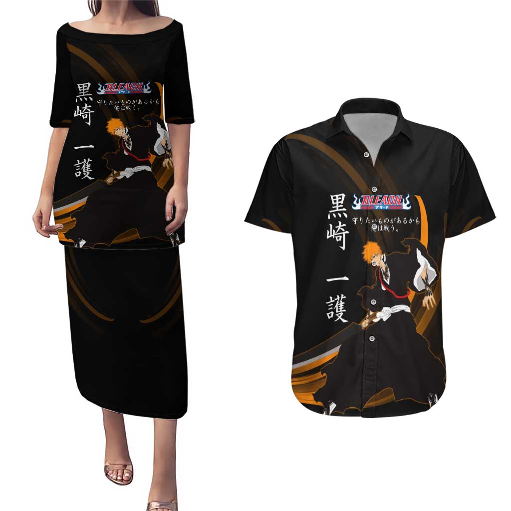 Ichigo Bleach Anime Black and Orange Theme Couples Matching Puletasi and Hawaiian Shirt with Hollow Mask and Japanese Calligraphy Design - The Mazicc