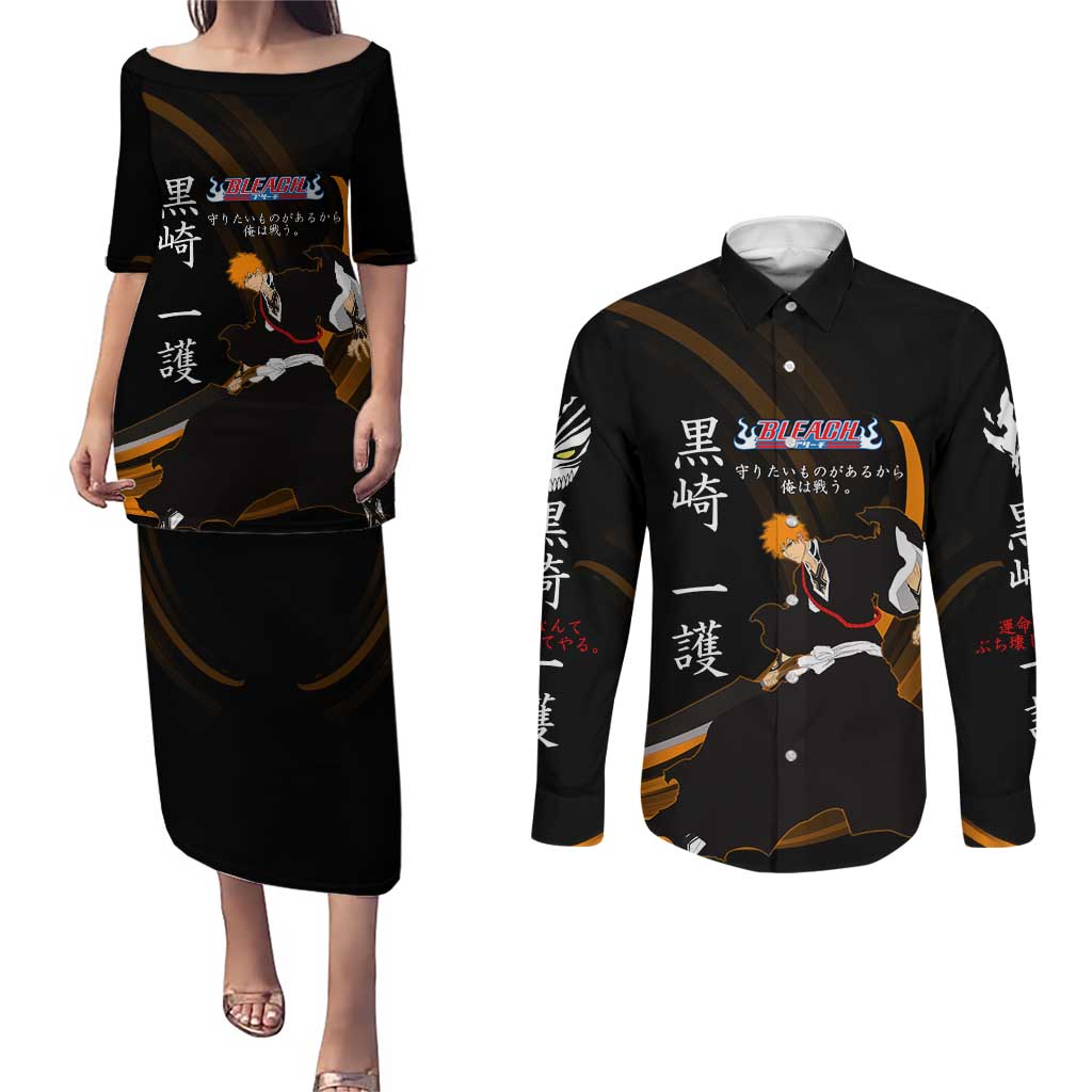 Ichigo Bleach Anime Black and Orange Theme Couples Matching Puletasi and Long Sleeve Button Shirt with Hollow Mask and Japanese Calligraphy Design - The Mazicc