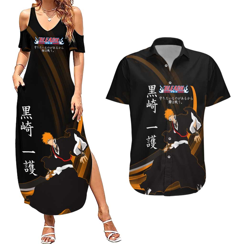 Ichigo Bleach Anime Black and Orange Theme Couples Matching Summer Maxi Dress and Hawaiian Shirt with Hollow Mask and Japanese Calligraphy Design - The Mazicc
