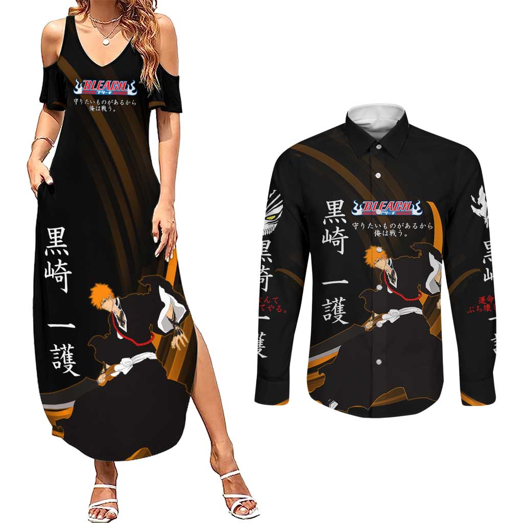 Ichigo Bleach Anime Black and Orange Theme Couples Matching Summer Maxi Dress and Long Sleeve Button Shirt with Hollow Mask and Japanese Calligraphy Design - The Mazicc