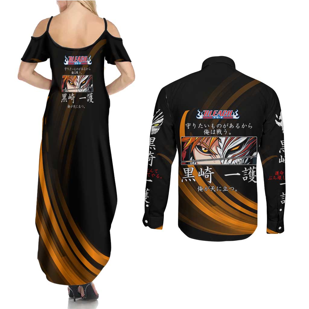 Ichigo Bleach Anime Black and Orange Theme Couples Matching Summer Maxi Dress and Long Sleeve Button Shirt with Hollow Mask and Japanese Calligraphy Design - The Mazicc