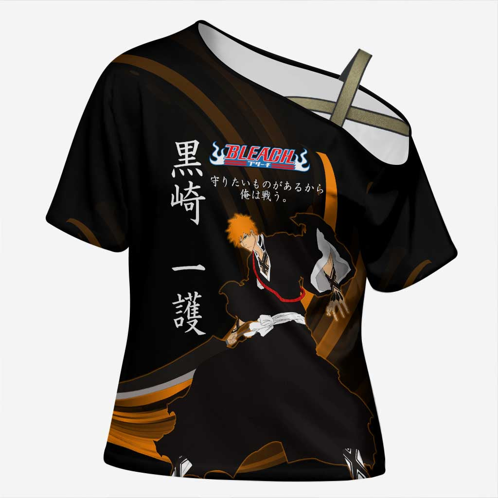 Ichigo Bleach Anime Black and Orange Theme Cross Shoulder Shirt with Hollow Mask and Japanese Calligraphy Design - The Mazicc