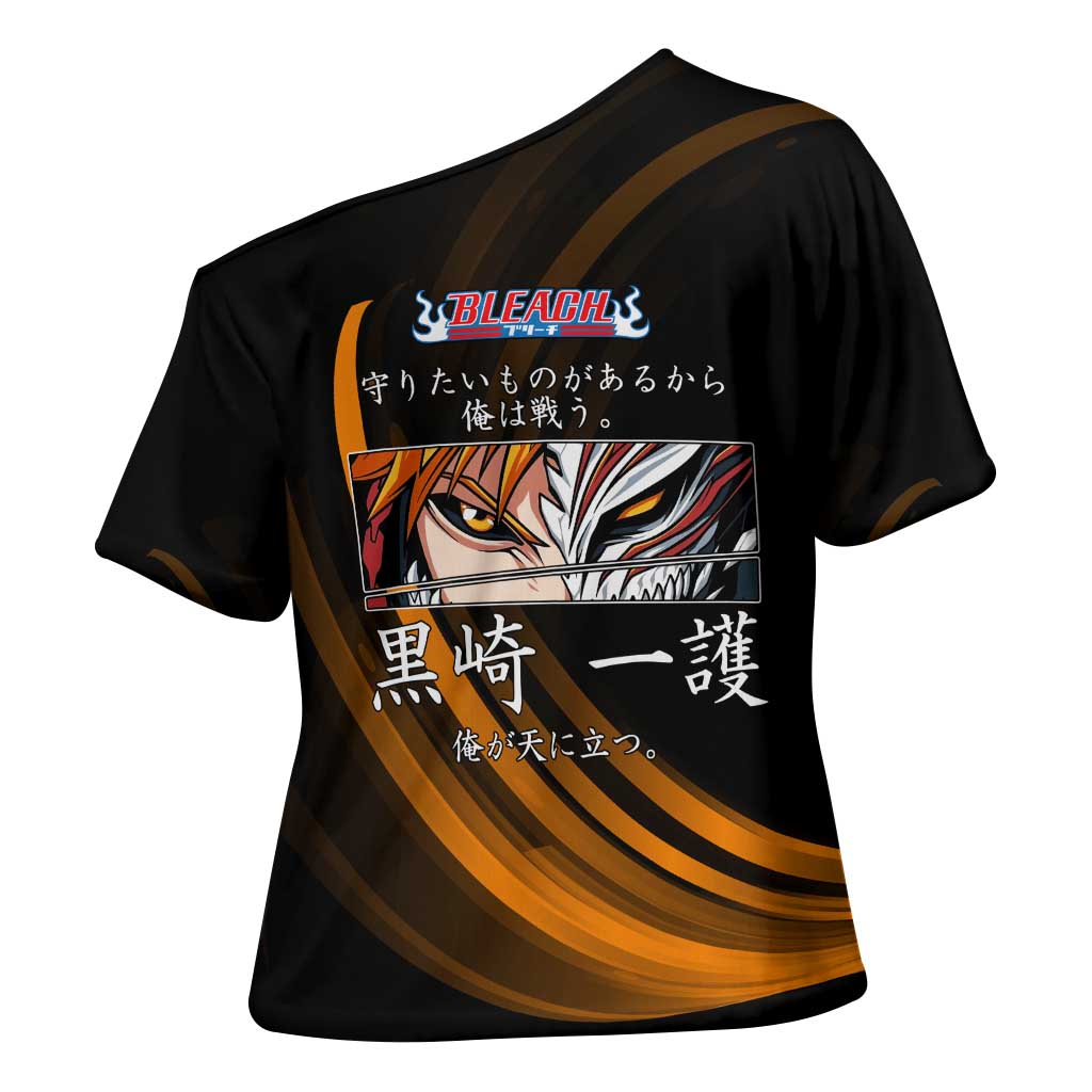Ichigo Bleach Anime Black and Orange Theme Cross Shoulder Shirt with Hollow Mask and Japanese Calligraphy Design - The Mazicc