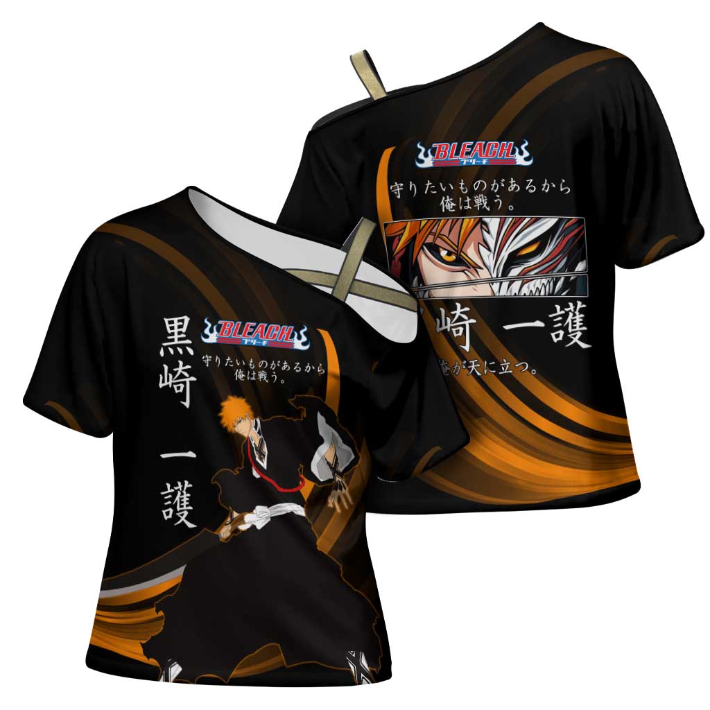 Ichigo Bleach Anime Black and Orange Theme Cross Shoulder Shirt with Hollow Mask and Japanese Calligraphy Design - The Mazicc