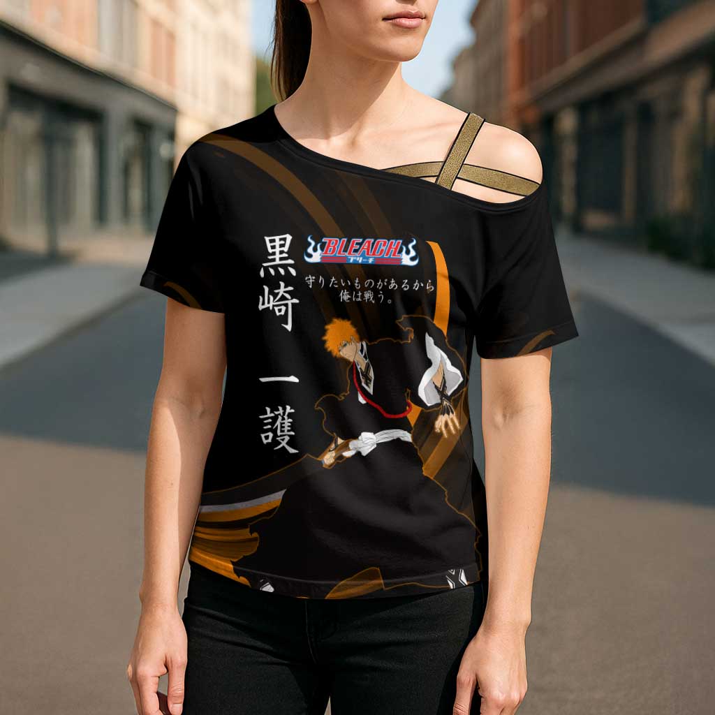 Ichigo Bleach Anime Black and Orange Theme Cross Shoulder Shirt with Hollow Mask and Japanese Calligraphy Design - The Mazicc