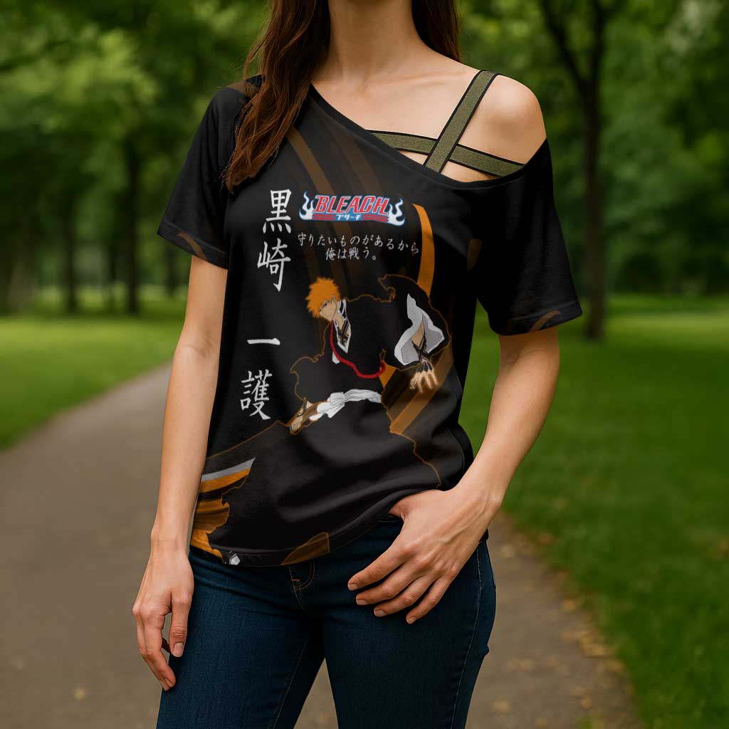 Ichigo Bleach Anime Black and Orange Theme Cross Shoulder Shirt with Hollow Mask and Japanese Calligraphy Design - The Mazicc